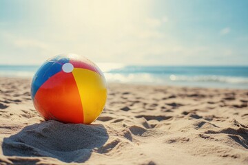 Colorful beach ball resting on sandy shore under bright sunlight with ocean waves in the background, Colorful beach ball on sandy shore in bright sunlight