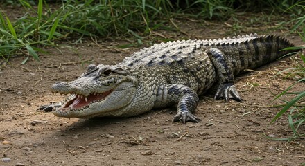 Fototapeta premium Alligator basking in Sunlight: A large alligator with textured skin and formidable jaws basking in the warm sunlight. The scene evokes a sense of prehistoric power and natural resilience.