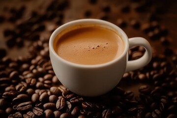 Freshly brewed coffee surrounded by aromatic coffee beans on a rustic wooden table, a cup of coffee with coffee beans surrounding Photo background Seamless ing quality
