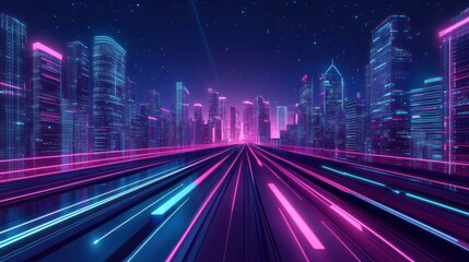 Abstract neon cityscape with fast-moving lights on a highway, futuristic style