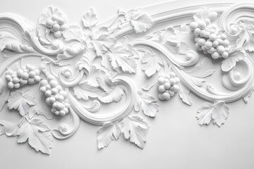 intricate white plaster relief featuring grape clusters and vine leaves with swirling decorative patterns on a smooth background