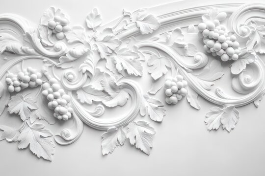 intricate white plaster relief featuring grape clusters and vine leaves with swirling decorative patterns on a smooth background