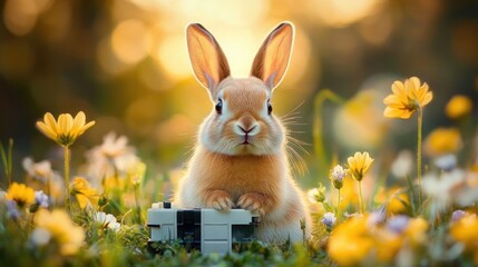 Fototapeta premium Cute brown rabbit sitting among yellow and white flowers in a meadow during golden hour sunlight with curious expression
