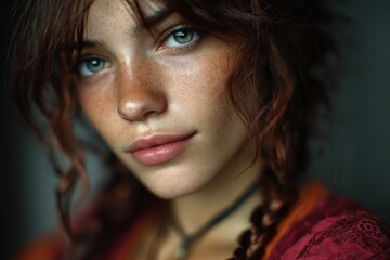 Fototapeta premium Young woman with red shirt and piercing gaze in dramatic lighting