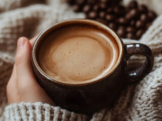 Warm Coffee Cup in Cozy Hands with Coffee Beans in Background