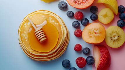 Delicious Pancakes with Honey and Fresh Fruit Arrangement