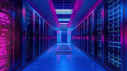 Intricate server room illuminated by vibrant lights.