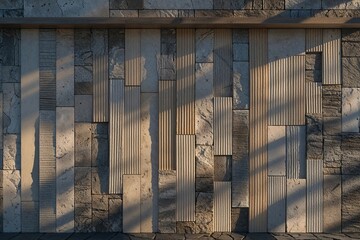Textured Panels Against Cold Stone Wall Creating Long Shadows