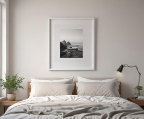 Clean white picture frame on bedroom wall; soft window light enhances the setting , bedroom, white frame mockup, daylight