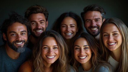 Obraz premium Group of seven diverse young adults closely gathered smiling warmly with joyful and friendly expressions