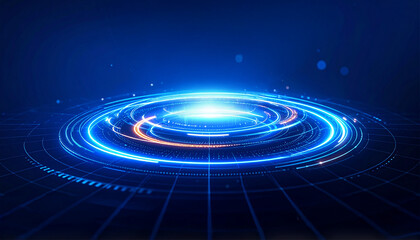 Fototapeta premium Futuristic digital portal or abstract technology concept. The image shows a glowing, circular structure with vibrant blue and orange lights.