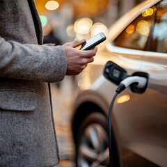 Close-up of man's hands holding smartphone while connecting EV charger with warm lighting and shallow depth of field, perfect for marketing and advertising use with copy space for text