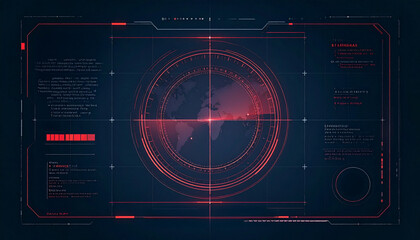 Futuristic digital radar interface with a world map. The screen glows with a red hue, suggesting advanced technology and data analysis