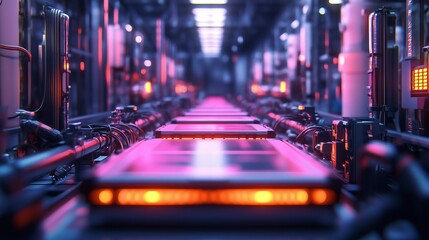 EV battery pack assembly line under neon factory lights showcasing hyper-detailed components and technical ambiance, ideal for industrial and technology-related content