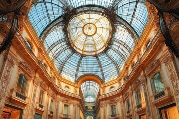 Obraz premium Interior view of a grand historical building featuring a large ornate glass dome ceiling and intricately detailed walls with classical architectural elements