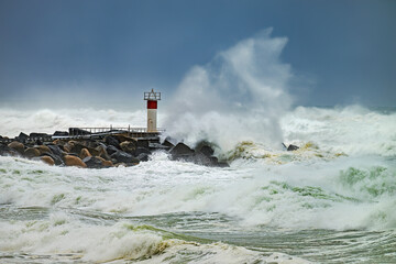 Storm waves smashing against the spit seawall Gold Coast, Queensland, Australia.