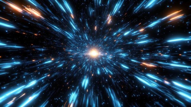 Bright central light radiating blue and orange streaks of light, creating a dynamic starburst effect in a dark space with numerous tiny glowing particles