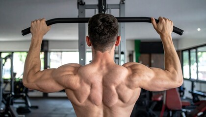 Muscular man doing pull-ups in gym