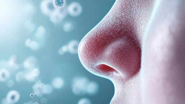 Close-up of stylized depiction of a human nose in profile, with numerous small, blurry particles surrounding it