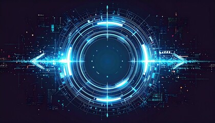 Digital abstract blue-glowing circle with arrows and hi-tech elements. An eye-catching design that conveys the essence of technology and innovation