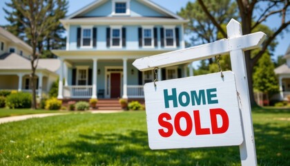 Real estate transaction home sold sign in residential area outdoor setting daylight view property ownership concept