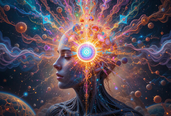 Glowing Fractal Head with Third Eye and Sacred Geometry – Visionary DMT Art