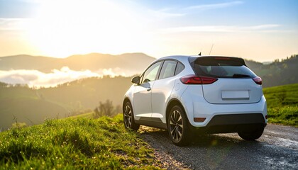 Fototapeta premium Small Electric Car in Misty Countryside Morning