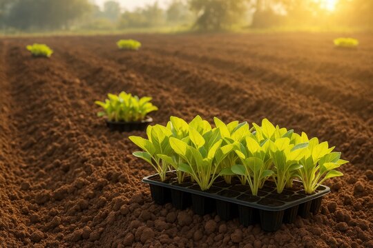 Seedlings of green plants in a tray on plowed field - Powered by Adobe