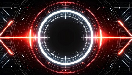Obraz premium A futuristic abstract design of a digital target or a technology-focused interface with glowing red and white lights on a black background. The design has a circular shape.