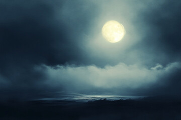 Obraz premium Mystical moonlight illuminating the turbulent ocean beneath a cloudy sky