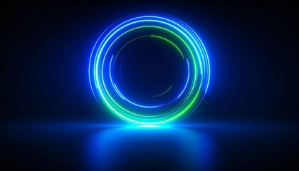 Obraz premium A vivid neon-lit ring emitting radiant energy in a dark space. The glowing circular design creates a mesmerizing visual effect. The light reflects on a reflective surface