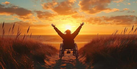 Person in wheelchair raising arms towards the sunset on a sandy path surrounded by tall grass leading to the ocean with a vibrant cloudy sky