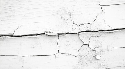 Obraz premium Close-up of weathered, white-painted wood showing extensive cracking and aging. The surface texture is rough and uneven