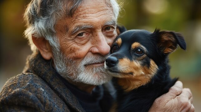 elderly man holding and gently hugging a small black and brown dog outdoors with a tender and affectionate expression