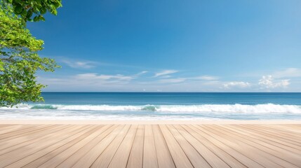 Fototapeta premium Balcony View Elevation Concept, Panoramic View from Beachfront Balcony with Stunning Ocean and Clear Blue Sky Under Bright Sunlight