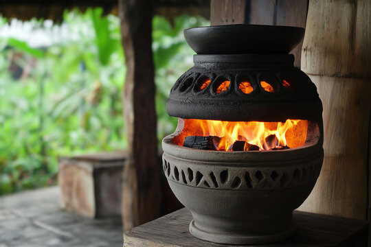 An ancient ceramic pot and a burning candle sit near the warm fire in the fireplace, creating a cozy atmosphere with traditional antique decoration
