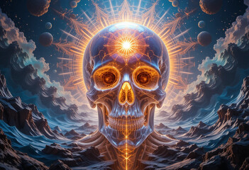 Translucent Crystal Skull with Radiant Third Eye in Psychedelic Mandala