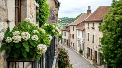 Fototapeta premium Balcony View Elevation Concept, Charming European Village Balcony with Flowers Overlooking Cobblestone Streets and Historic Architecture