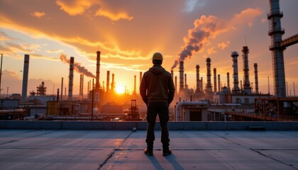 Sunset industrial worker observing factory landscape urban setting photography dramatic environment wide view industry perspective