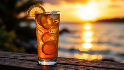 Refreshing sunset cocktail beachside beverage photography tropical environment close-up perspective summer vibes