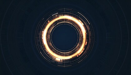 Futuristic circular tech design glowing on a dark background. The image features a series of concentric circles illuminated by bright light