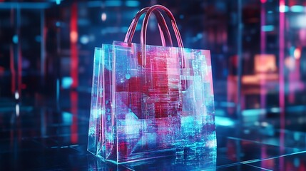 A transparent shopping bag with digital circuit overlay.