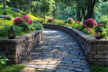Obraz premium Curved stone pathway lined with low stone walls and lanterns surrounded by lush green trees and vibrant flowering bushes in a peaceful garden setting