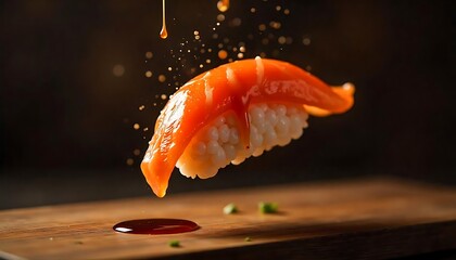 Delicious Salmon Nigiri Sushi Piece Dripping Soy Sauce over Wooden Board