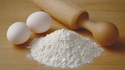 A collection of baking ingredients on a wooden table. long_title:An assortment of essential baking ingredients, including flour, eggs, and a rolling