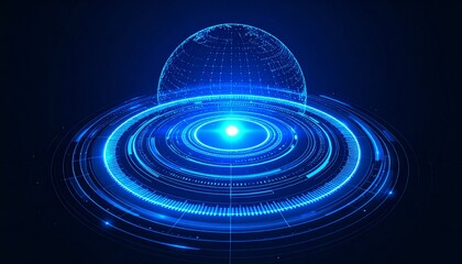 Obraz premium A futuristic digital globe with glowing blue rings, representing technology and innovation
