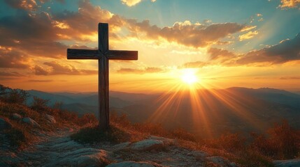Wooden cross on a mountain ridge at sunset with sun rays breaking through colorful clouds over distant hills