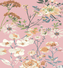 Big flowers pattern, upscale floral pattern. graphical textures floral, trendy colors pattern,Monochrome, flowers background with leaves. vector illustration.