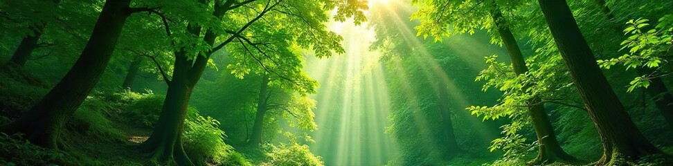 Obraz premium Lush green forest canopy, sunlight dappling through leaves, creating a magical atmosphere Perfect for nature, travel, and environmental themes , texture, ecology