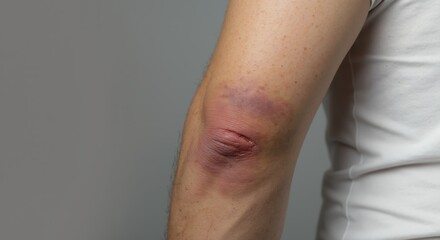 Fototapeta premium Man's bruised elbow with skin irritation against a neutral background 